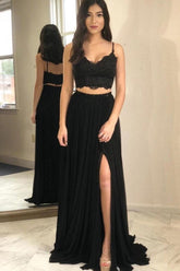 Black Lace Chiffon Two-Piece Prom Dress with Slit